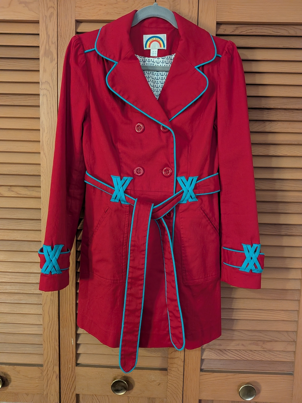 Bright Red Trench Coat with Turquoise Trim - Brand: Ruby Belle (For Modcloth)